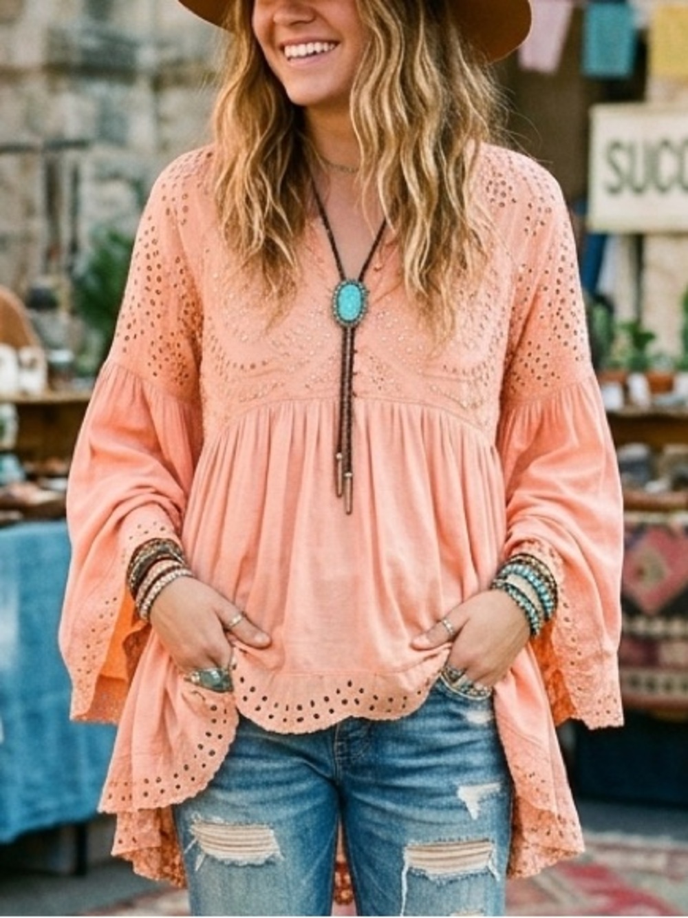 Free People Sea Of Love Eyelet High Low Hem Tunic Blouse Sun Blush Peach L